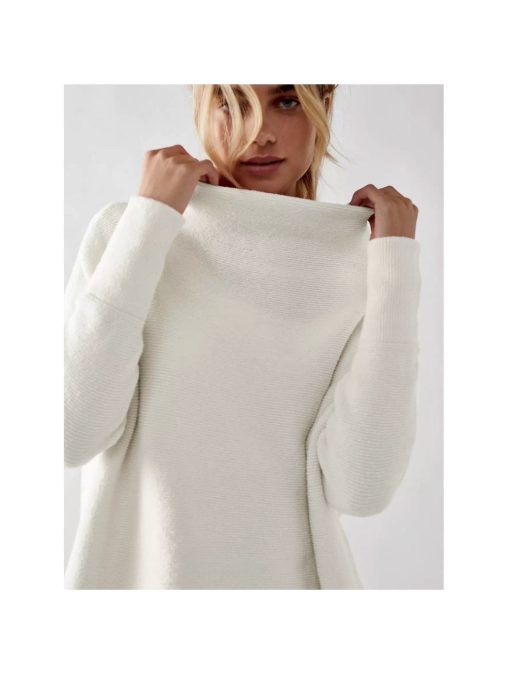 Free People Ottoman Slouchy Tunic Sweater Ivory Cream Mock Neck Oversized Cozy - Picture 6 of 14